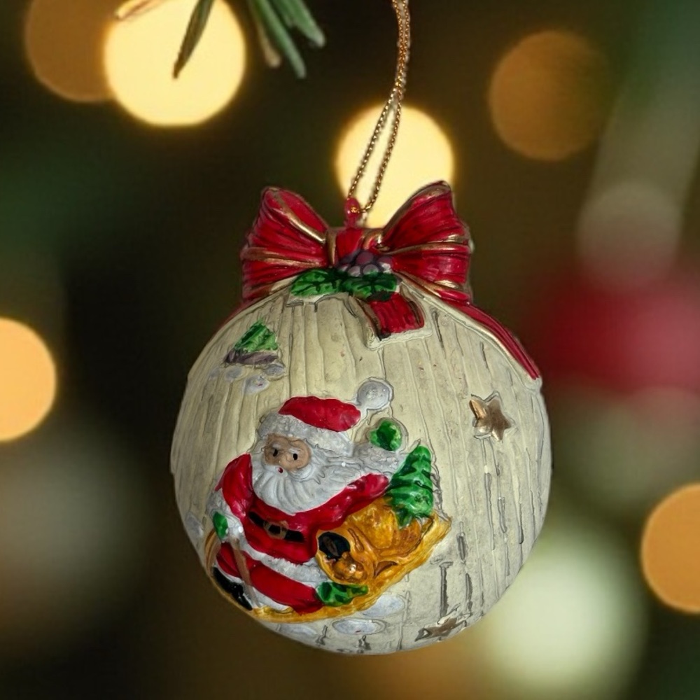 Vintage Blow Mold 3D Santa Ornament Sleigh Christmas Tree Stars Globe Shaped 6”